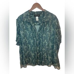 Jones New York 100% Silk Top Women’s 22W Green Floral Button Up Short Sleeve